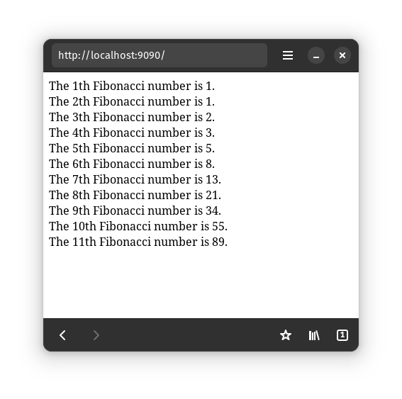 A webpage with a list of Fibonacci numbers